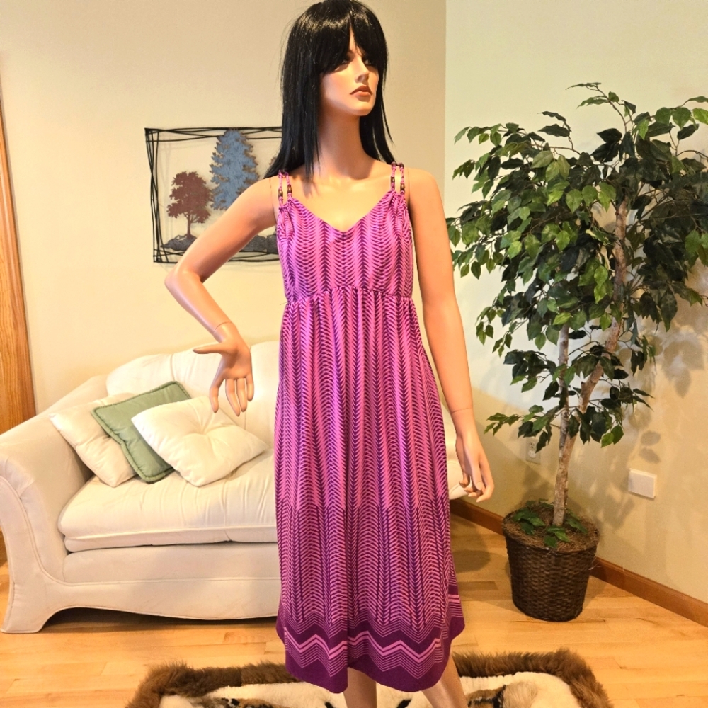Boho, Pink & Purple Print, Liz Lange Maternity Midi Dress with Beaded Straps L
